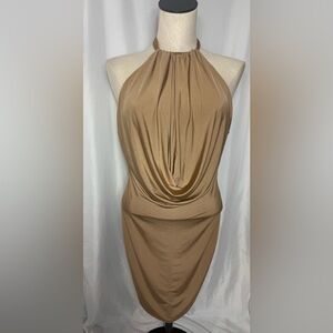Boohoo Halter Neck Draped party Bodycon Dress open back  in Camel Size 8